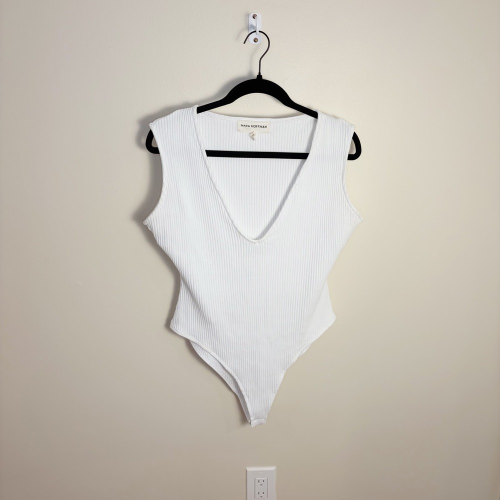 Mara Hoffman Bodysuit Large White Ribbed Deep V-Neck Sleeveless Thong Snap - Picture 2 of 8